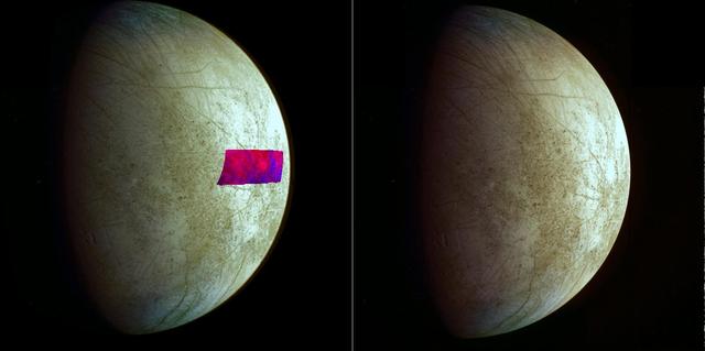 Europa, Jupiter's ice moon, showing its fractured icy surface from space