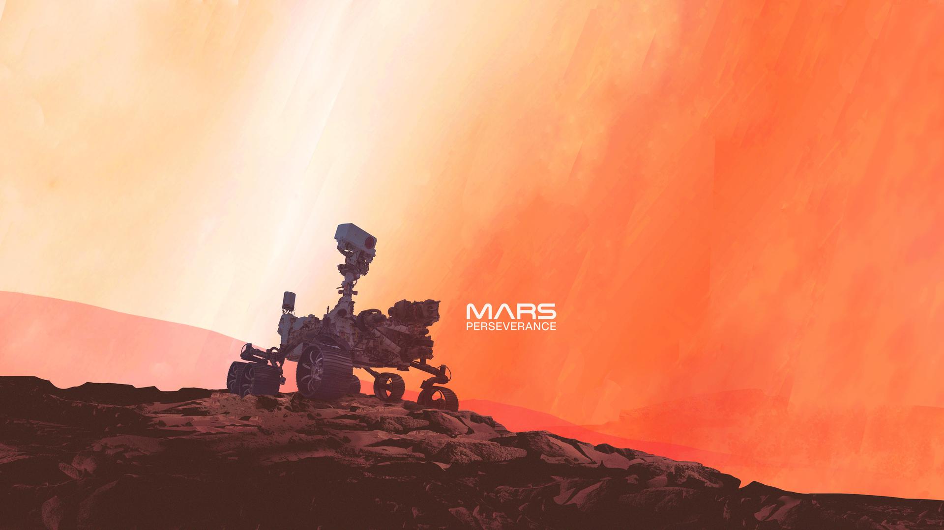A Mars rover on the rust-colored surface of the planet